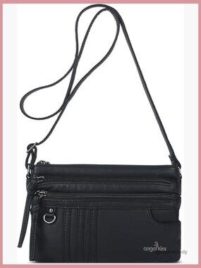 Vegan Leather Triple Compartment Crossbody Purse with Adjustable Strap